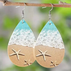 Ocean Beach Sea Wave Starfish Pattern Double-Sided Water Drop Dangle Earrings